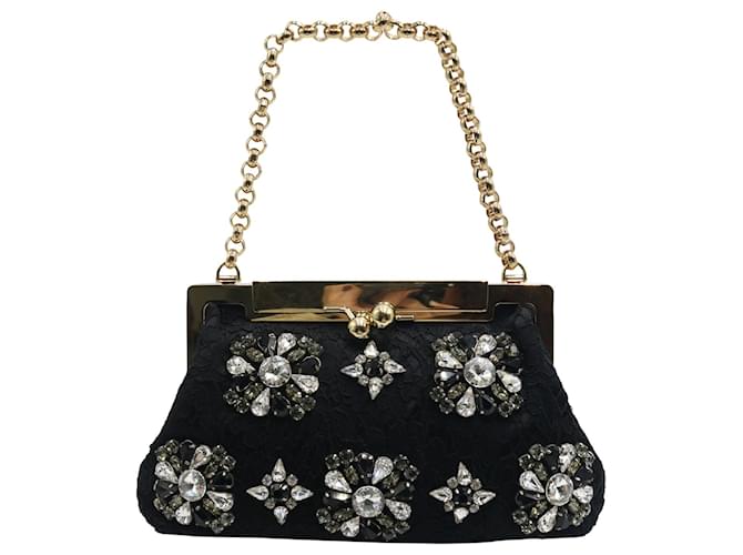 Dolce & Gabbana verzierte Tasche aus schwarzem Leder und Spitze  ref.695974