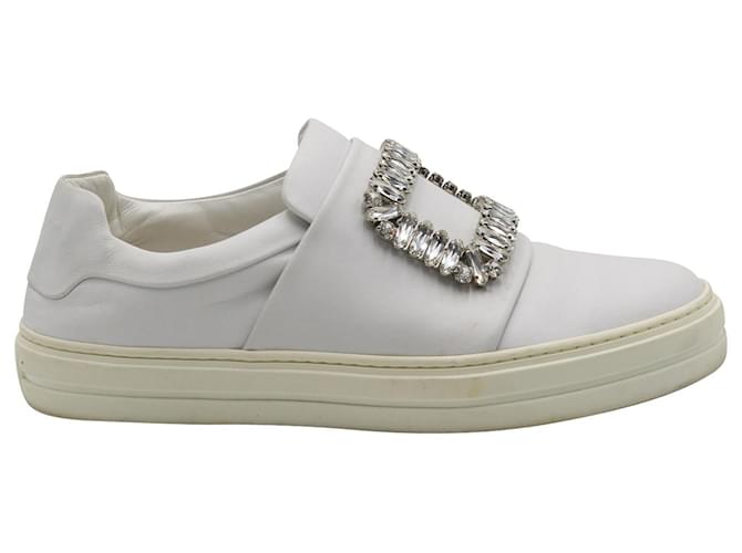 Roger Vivier Crystal Buckle Sneakers in White Leather  ref.696078