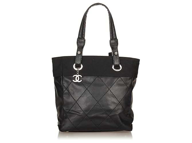 Chanel Black Paris Biarritz Nylon Tote Bag Leather Pony-style calfskin Cloth  ref.696173