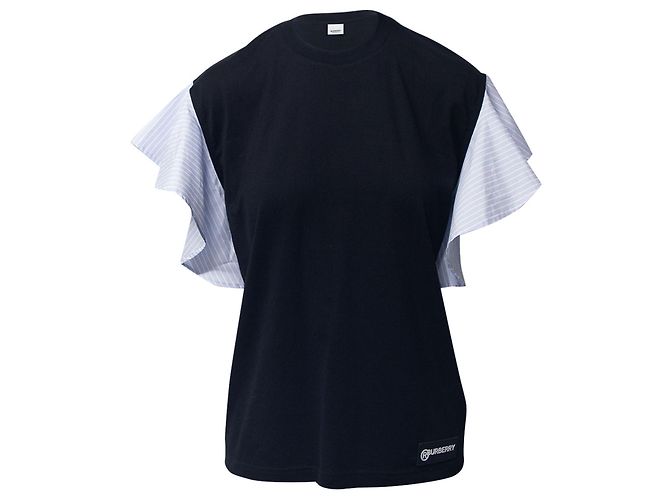 Burberry Camiseta oversized listrada com babados em algodão preto