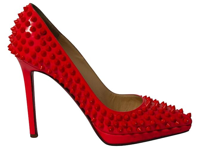Christian Louboutin Pigalle Plato 120 Spiked Heels in Neon Red Patent Leather  ref.696510
