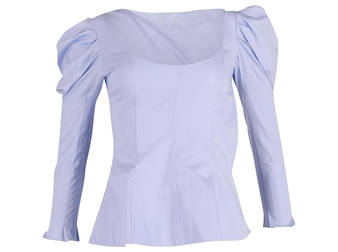 Khaite Puffed Sleeve Scoop Peplum Top in Blue Cotton  ref.696541