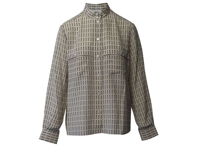 Céline Camicia Button Down con logo Celine in seta color crema