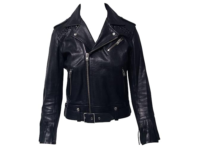 Biker Iro con frange in pelle nera Nero  ref.696769