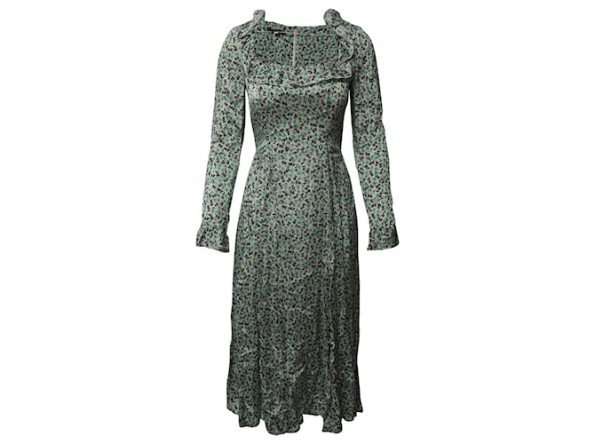 Autre Marque Alexa Chung Ruffled Square Neck Floral Midi Dress in Green Silk  ref.697055