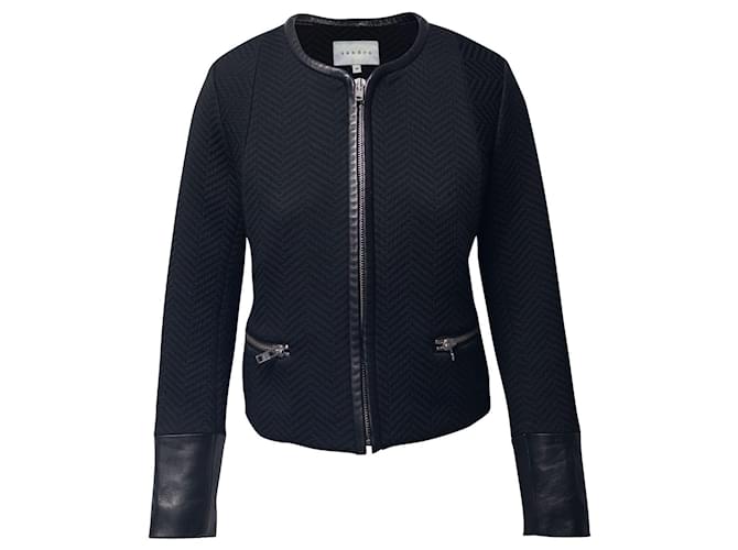 Sandro Paris Jacket with Leather Cuffs in Black Polyester  ref.697105