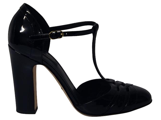 Zapatos de Salón Dolce & Gabbana T-Strap en Charol Negro Cuero  ref.697186