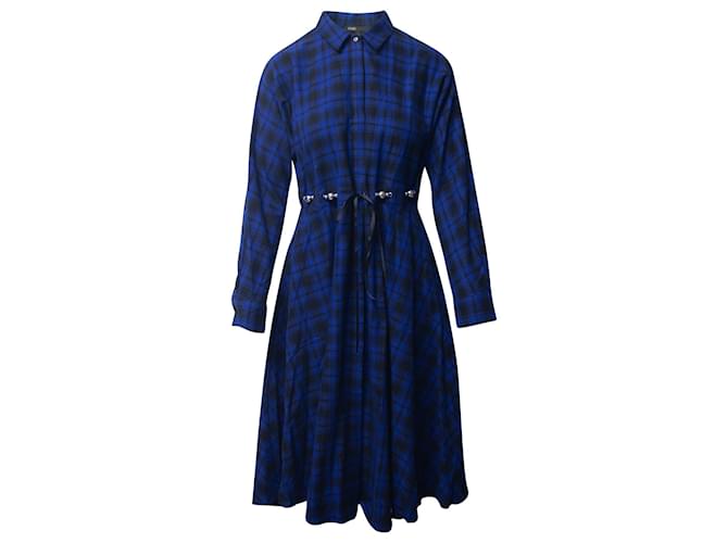 Maje Rebel Belted Checked Midi Dress in Blue and Black Cotton Flannel   ref.697224