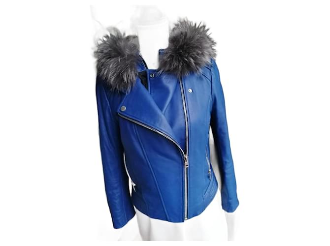 Autre Marque Camu he leather jacket with fur trim Light blue  ref.697908
