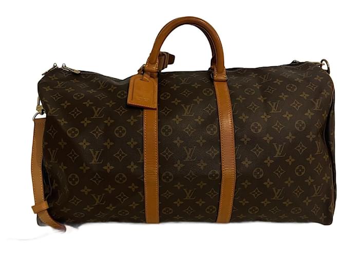 Brown Coated Canvas Louis Vuitton Keepall Bandouliere 55 Cloth  ref.697972