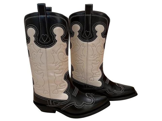 Ganni Mid Shaft Western Boot Black White