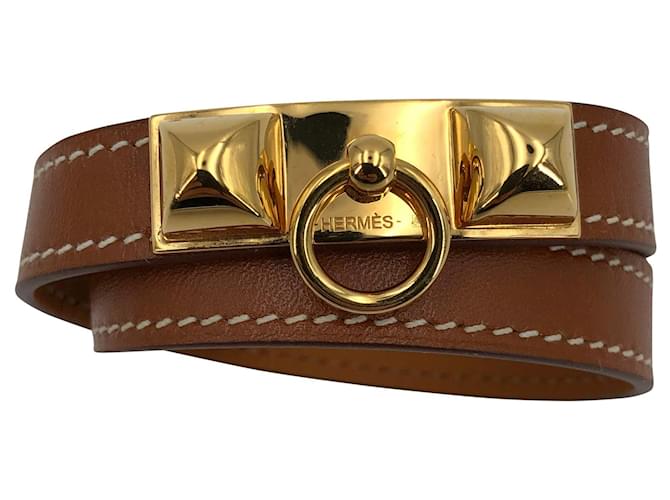 Bracelet tour doublé Hermès Rivale en cuir doré et boucle ardillon Marron  ref.698440