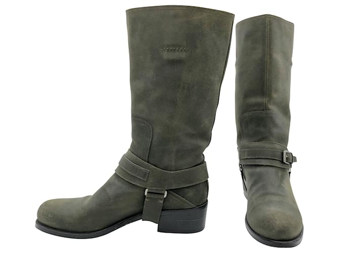 Dior biker ankle boots in khaki waxed leather Green  ref.698457