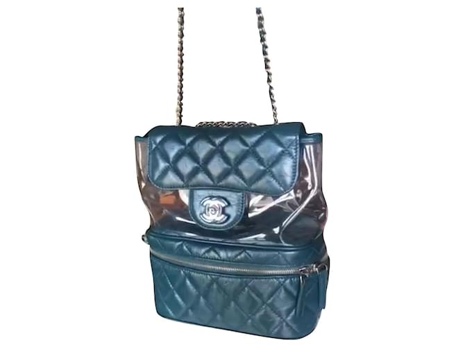 Chanel 2018, 18S Aquarium Small Zip Around PVC, transparent, gesteppt, grün/blau, glasiert, zerknittertes Kalbsleder, Vanity-Rucksack, Umhängetasche mit silbernen Beschlägen. Dunkelgrün  ref.698630
