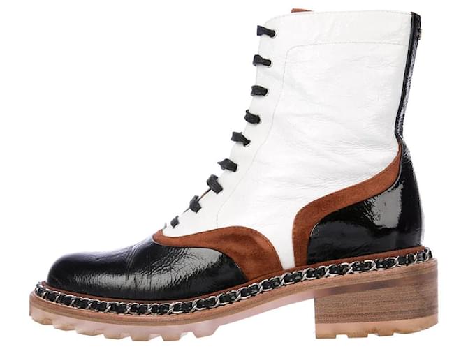 Chanel 15a, 2015 Paris-Salzburg Combat Boots Brown Black White Leather  ref.698631