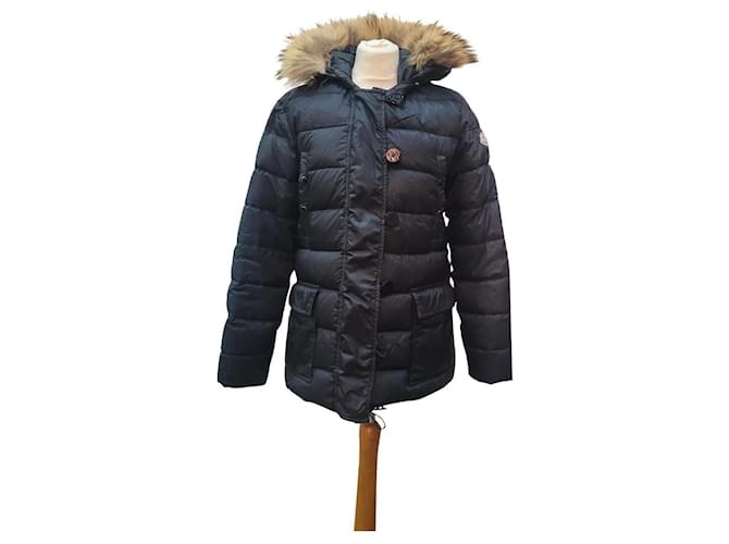 Moncler preto com capuz enfeitado em pele Lã Poliamida  ref.699326