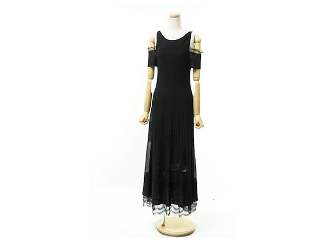 *[CHANEL] Chanel Open Shoulder Black Dress Long One Piece 07c Size 40 Lace Rayon Knit Stretch Black Cotton Nylon  ref.699355