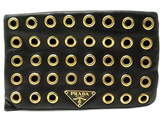PRADA COIN PURSE IN BLACK LEATHER AND GOLD STUDS EYELET LEATHER POUCH WALLET  ref.699600