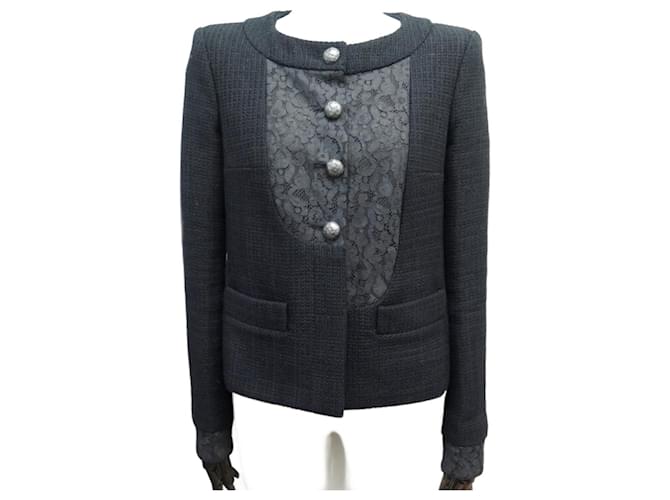 NEW CHANEL P JACKET51026 T38 M COTTON TWEED & BLACK LACE NEW JACKET  ref.699642