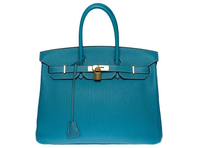 Bolsa Hermès Birkin esplêndida 35 cm em couro Togo azul Saint-Cyr com costura branca  ref.700426