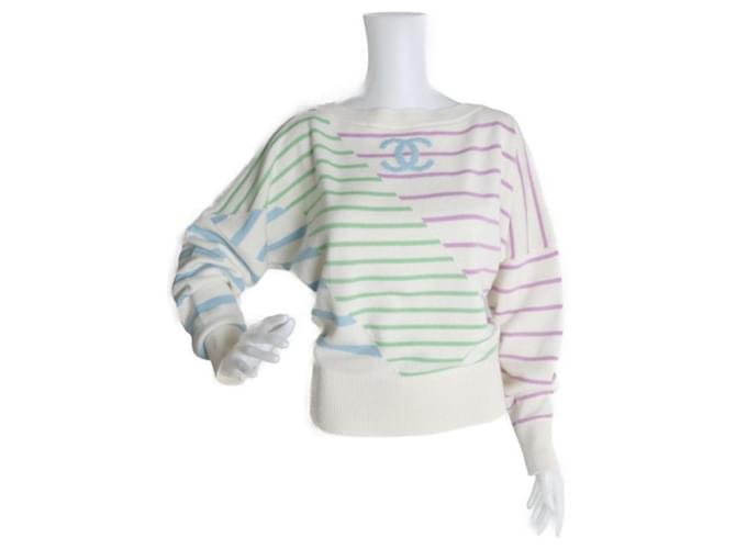 * [CHANEL] Chanel-Pullover-Notationsgröße 38 Cashmere Ivory Multi Color Coco Mark Knitted Border Dollar Monthly Sleeve Pullover Mehrfarben Kaschmir  ref.701673