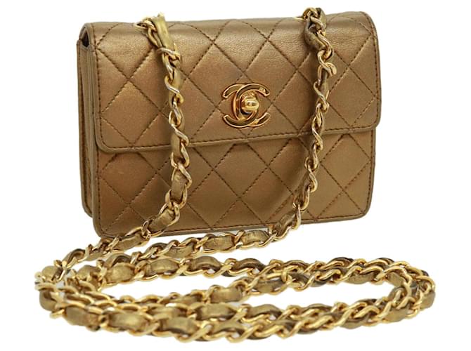 CHANEL Chain Turn Lock Mini Matelasse Shoulder Bag Lamb Skin Gold CC Auth  32696a