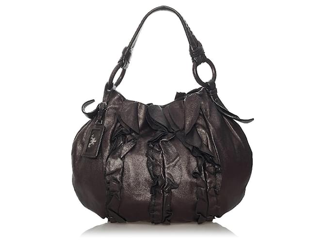 Bolso tote Prada de piel con volantes Marrón Castaño Cuero  ref.702777