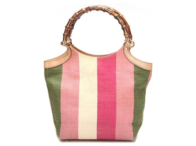 Gucci Striped Burlap Bamboo Handbag Cloth  ref.703222