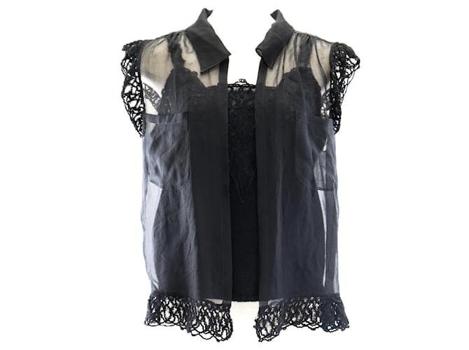*Chanel 06C conjunto de renda de seda senhoras preto 40 blusa camisole caxemira Casimira Lã Nylon Mohair  ref.704281