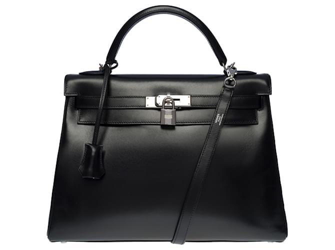 Hermès Splendida e rara borsa Hermes Kelly 32 tracolla restituita in pelle box nera, Nero  ref.704417