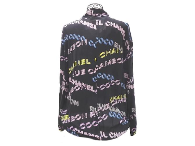 * CHANEL Printed Silk Logo Pullover 38 100% Silk Black× Pink× Blue× Yellow Used Long Sleeve Women's Women's Vintage  ref.704535