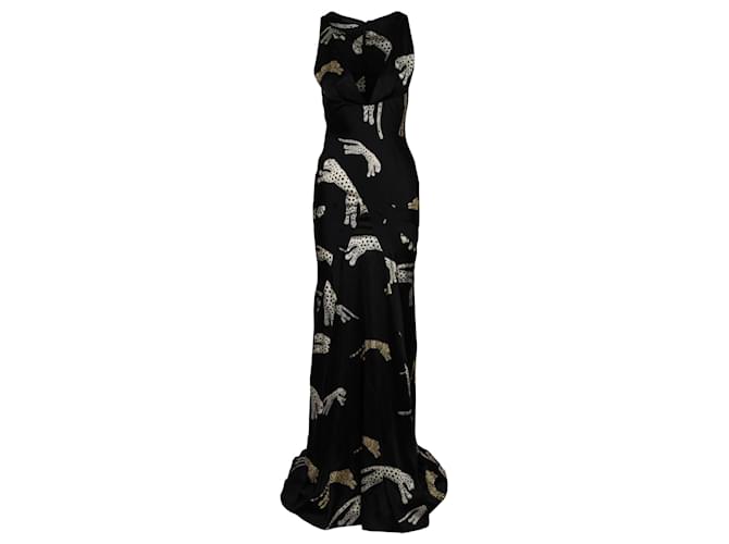 Roberto Cavalli Animal Print Silk Maxi Dress Black  ref.705806