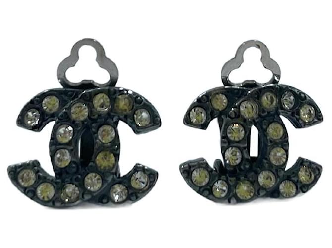 Silver-Toned Chanel Rhinestone CC Earrings Silvery Metal  ref.705921