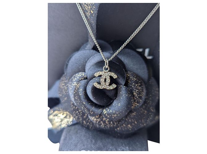 Chanel CC B10V logo classic timeless crystal necklace box docs Silvery
