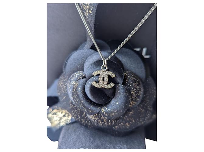Chanel CC B10V logo classic timeless crystal necklace box docs Silvery Metal  ref.706129