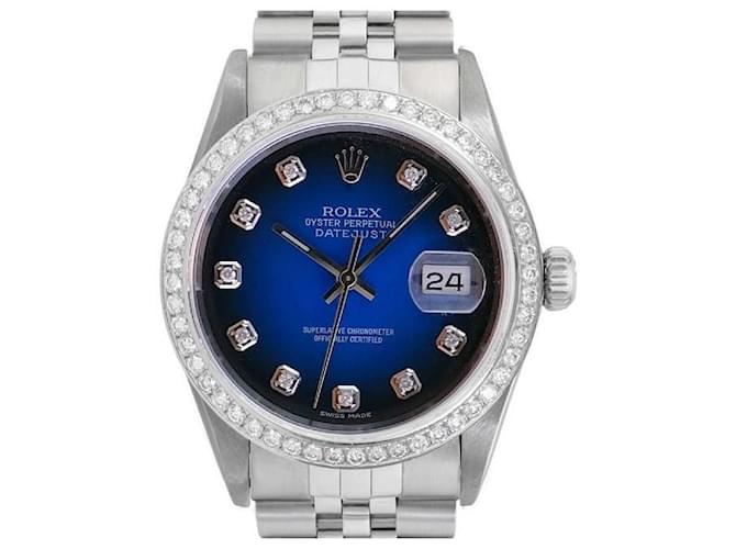 Rolex Blue Mens Datejust S Stahl Diamant Zifferblatt Diamant Lünette 36mm Uhr Metall  ref.706302