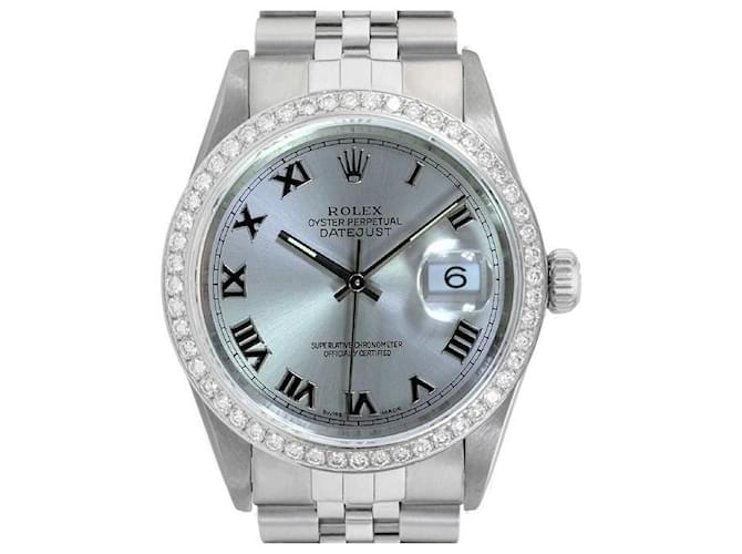 Rolex Silver Roman Mens Datejust S Steel Blue Dial Diamond Bezel 36mm Watch  Metal  ref.706304