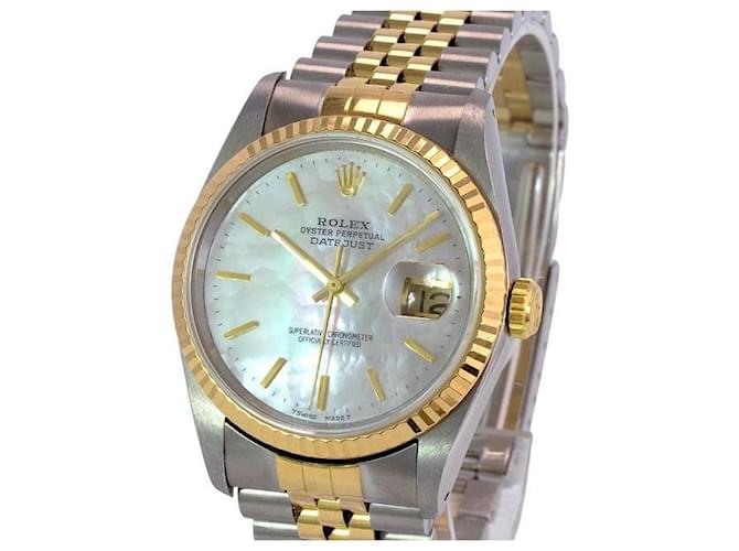 Rolex White Mop Mens Datejust Index Dial 18k Bisel estriado dorado 36reloj mm Metal  ref.706312