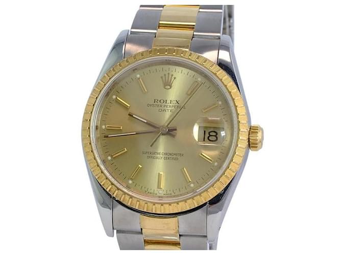 Rolex Champagne Mens Oyster Perpetual Date Two Dial 34mm Re Watch  Metal  ref.706320