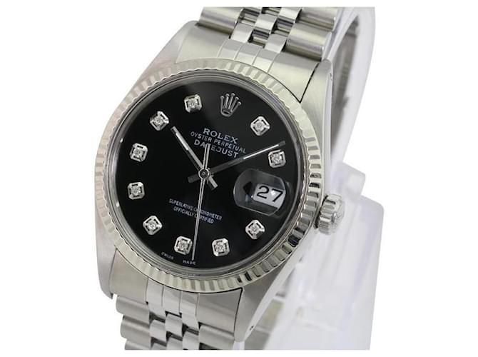 Rolex Black Mens Datejust Diamond Dial 18k Fluted Bezel 36mm Watch  Metal  ref.706336