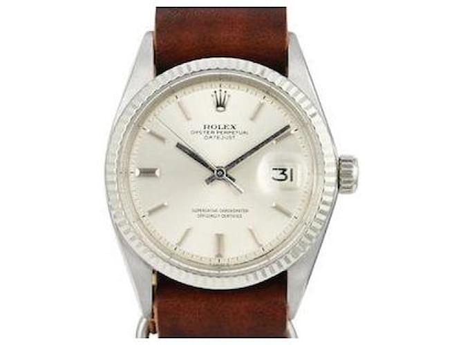 Rolex Mens Datejust 36mm Steel Silver Dial Fluted Bezel Leather Band  Brown  ref.706341