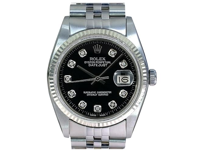 Rolex Mens Datejust Ss 36mm Black Diamond Dial Fluted Bezel Watch Ref 16014  Metal  ref.706347