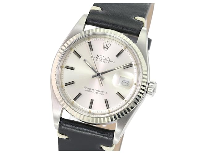 Rolex Mens Datejust Stainless Steel 36mm Silver Dial 14k White Gold Fluted Bezel Black Leather Band Watch  Grey  ref.706350