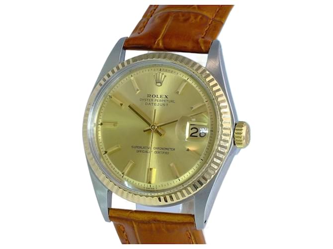 Relógio masculino Rolex Champagne Datejust com mostrador canelado e pulseira de couro  ref.706368