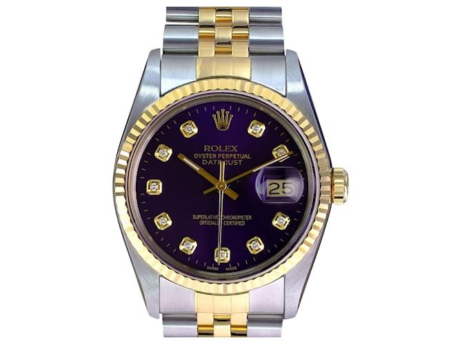 Rolex Mens Datejust Two-tone Purple Diamond Dial 18k Fluted Bezel 36mm Watch  Metal  ref.706376