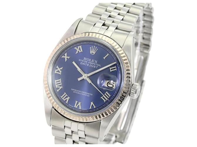 Rolex Blue Roman Mens Datejust Dial 14k Gold Fluted Bezel 36mm Watch  Metal  ref.706383