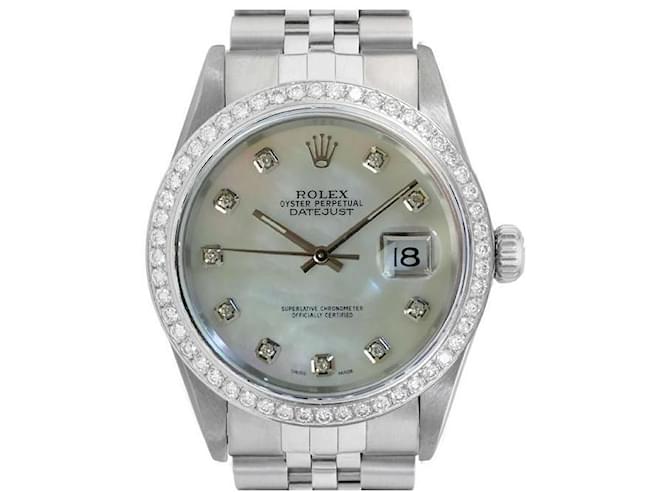 Rolex White Mop Mens Datejust Ssteel Diamond Dial Diamond Bezel 36mm Watch  Metal  ref.706385