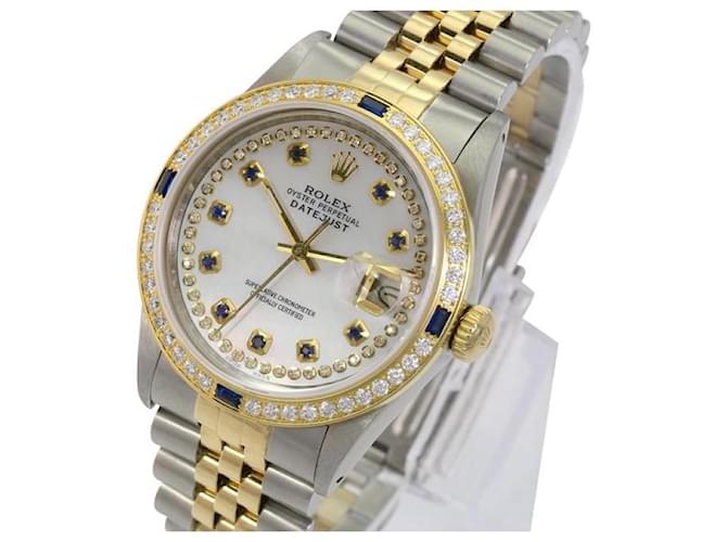 Rolex White Mop Mens Datejust 2tom safira mostrador diamante bisel 36mm relógio Metal  ref.706396