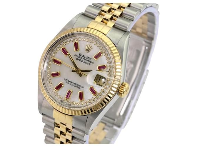 Rolex White Mop Men's Datejust 2tone Ruby Dial 18k Gold Fluted Bezel Watch  Metal  ref.706410