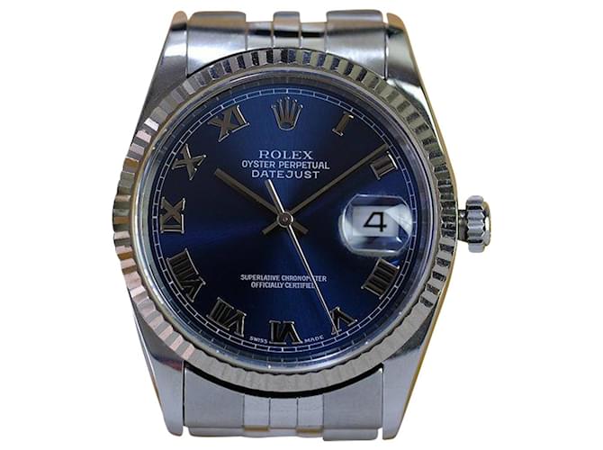 Rolex Datejust 16234 Usine à cadran bleu romain cannelé Métal  ref.706448